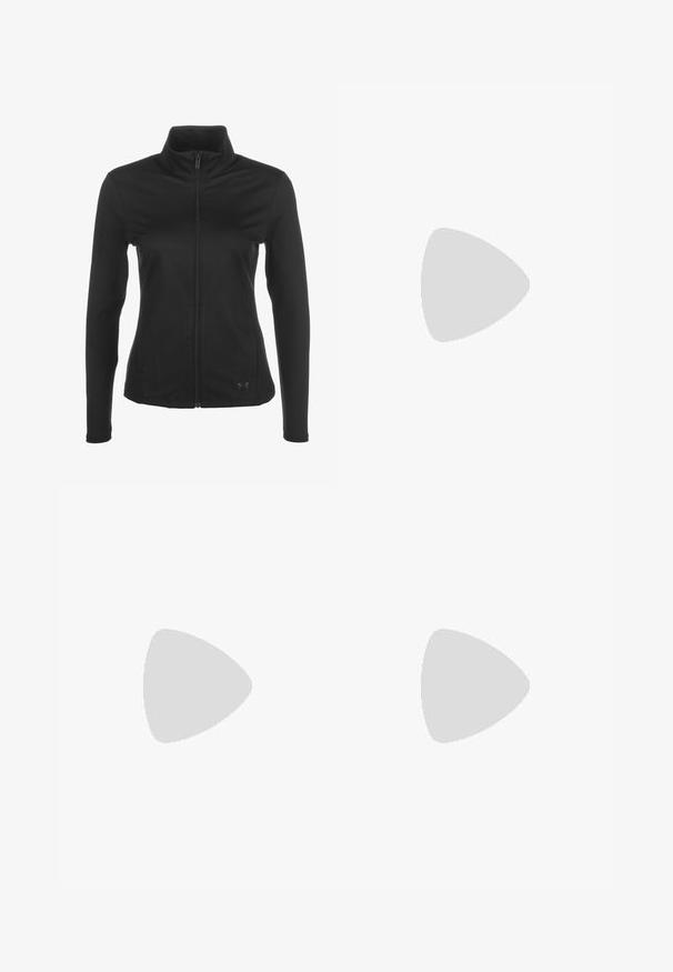 Under Armour MOTION JACKET - Chaqueta de entrenamiento - black/jet gray; Top corto blanco sin mangas, hecho de un tejido suave, con un escote redondo y un diseño de espalda abierta, con costuras bien acabadas en los bordes.; Pantalones cortos deportivos negros hechos de tejido elástico, con una cinturilla alta y detalles de costura plana. Diseñados para la comodidad y la movilidad.; Zapatillas deportivas multicolores con un diseño de degradado que va del azul al verde, con cordones negros y un prominente logo de Nike.