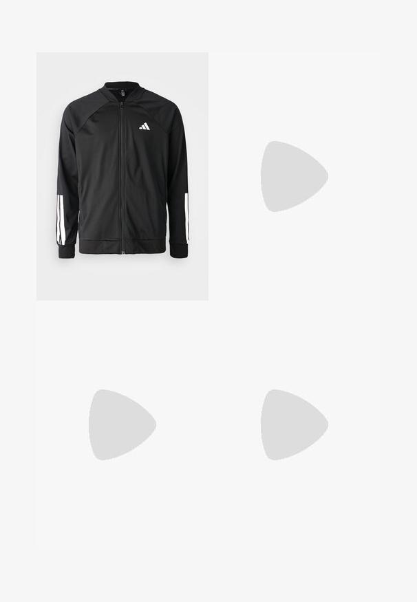 Veste de sport noire avec fermeture éclair à l'avant, manches raglan, logo Adidas blanc et bandes blanches sur les manches. Tissu lisse avec des poignets élastiques.; T-shirt en coton noir à manches courtes, décolleté rond et logo blanc sur la poitrine gauche. Texture lisse et design simple.; Pantalon de sport noir fabriqué en tissu léger, avec une taille élastique, des jambes fuselées et un petit logo sur la cuisse gauche.; Baskets de sport noires avec tige en mesh respirant, accents blancs et semelle rembourrée. Présente le logo à trois bandes sur le côté.