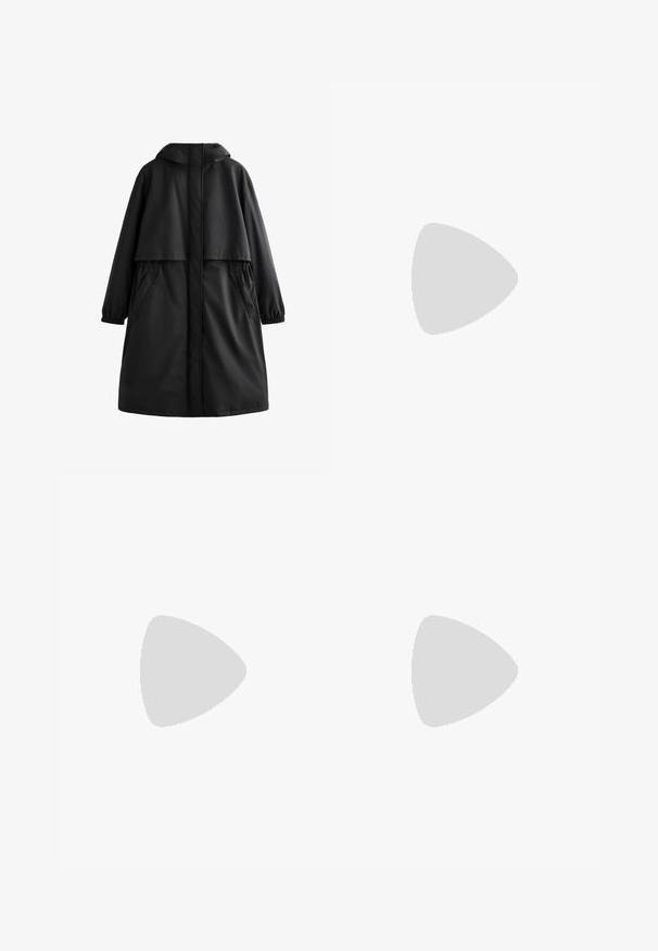 Černý voděodolný kabát s kapucí, dlouhými rukávy, elastickými manžetami, bočními kapsami a volným střihem. Hladká textura s minimálním designem.; Světle šedá mikina s vysokým límcem, která má půlzip a žebrovanou strukturu. Kostičkový tvar s kleslými rameny a strukturovaným designem.; Černé legíny vyrobené z hladkého, elastického materiálu. Mají široký pas a zúžený střih nohavic, vhodné pro aktivní nebo volnočasové nošení.; Béžová sportovní obuv s texturovaným síťovým svrškem a hladkými doplňky. Má polstrovanou podrážku, zesílenou špičku a černou gumovou podrážku.