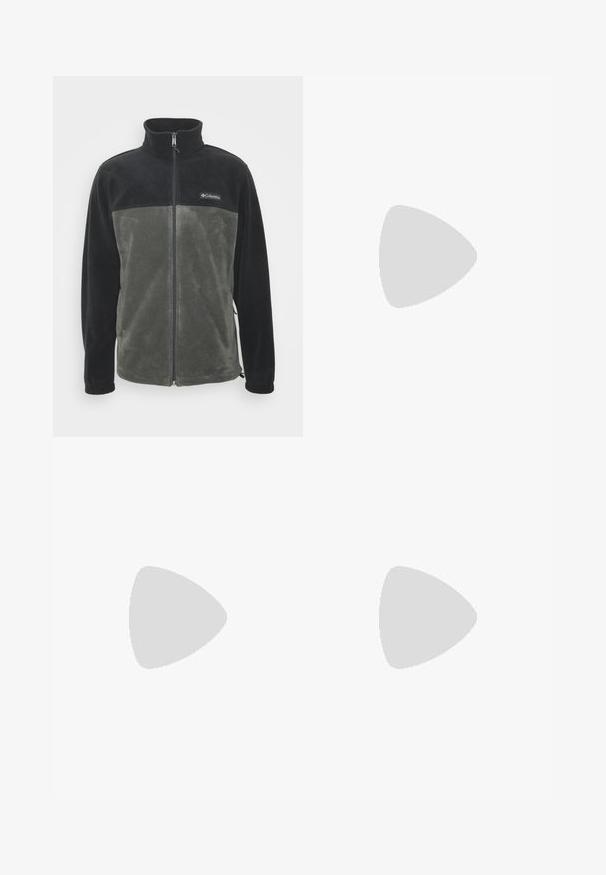 Fleece dzseki fekete felső résszel és olíva zöld alsó résszel. Teljes hosszúságú cipzárral és álló gallérral rendelkezik. Puha tapintású.; Fekete rövidujjú pamut póló, kerek nyakkivágással, a bal felső mellkason egy kis fehér logóval.; The North Face HORIZON PANT - Szabadtéri nadrágok - black; Fekete terepfutó cipő, textúrált felső résszel, gumitalppal és megerősített lábujjrészével. Párnázott bokarésszel és húzófüllel rendelkezik a könnyű felhúzáshoz.