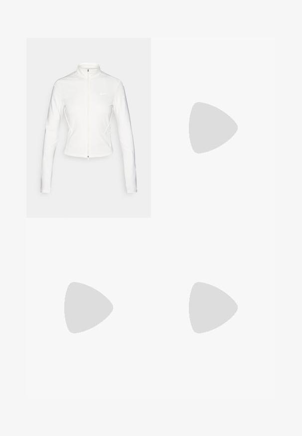 Hvit zip-up jakke laget av glatt, stretchy stoff. Har lange ermer, høy krage og reflekterende logo-detaljer på brystet og ermene.; Hvit ermeløs tanktop laget av lett materiale, med svarte Nike-logo aksenter på skuldrene, rund hals og avslappet passform.; Nike løpeshorts i mørkegrå, med en bred elastisk midjebånd, lett stoff, sidelommer og en subtil logo i hvitt.; Hvit sportssko med mesh-overdel, rund tå og teksturert såle. Har en sølvfarget Nike swoosh og et minimalistisk design.
