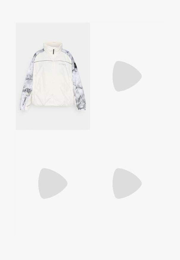 Terrex lightweight jacket in off-white, featuring patterned gray sleeves, a high collar, zip closure, and elastic cuffs for comfort.; Short-sleeve athletic t-shirt, dark gray with perforated texture. Features a white logo and contrasting side stripes. Rounded neckline.; Black athletic shorts with a layered design, made of lightweight fabric. Features an elastic waistband and a small white logo on the side.; Black athletic shoes with a mesh upper, streamlined shape, flat sole, and three diagonal stripes on the side. Lightweight design for comfort.