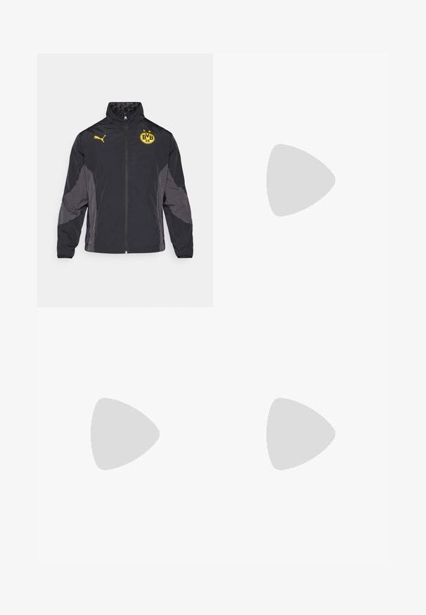 Schwarze Jacke mit grauen Akzenten, hohem Kragen, Reißverschluss vorne und gelbem Logo. Verfügt über eine glatte Textur und leichtes Material.; Weißes kurzärmeliges Sportshirt mit Rundhalsausschnitt, ausgestattet mit atmungsaktiven Netzdetails an den Seiten und einem schwarzen Puma-Logo auf der Brust.; Marinefarbene Sportshorts aus leichtem Material mit elastischem Bund und einem reflektierenden Logo auf der unteren linken Seite.; Schwarze Fußballschuhe mit einer strukturierten synthetischen Oberseite, silbernen Akzenten und einem Schnürdesign. Verfügt über eine geformte Sohle mit sichtbaren Stollen für Traktion.