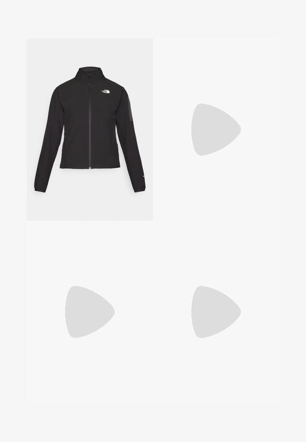 Giacca nera con zip e colletto alto, tessuto testurizzato e logo sul lato sinistro del petto. Presenta maniche lunghe e un design aderente.; T-shirt nera a maniche lunghe in cotone con colletto rotondo. Presenta un piccolo logo bianco sul lato sinistro del petto. Design semplice e vestibilità comoda.; Pantaloni cargo in nylon nero con zip rimovibile, polsini regolabili, molteplici tasche e un logo sulla gamba destra. Tessuto liscio e leggero.; Scarpa atletica beige e crema con tomaia in mesh testurizzato, sovrapposizioni supportive e suola in gomma con un motivo a tasselli per la trazione.