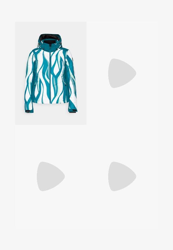 Türkis-weiße gesteppte Jacke mit wellenförmigen Mustern, hohem Kragen, Reißverschluss und Seitentaschen. Verstellbare Kapuze und Bündchen.; The North Face FLEX SHORT SLEEVES TEE - Sport T-Shirt - black; Schwarze Outdoor-Hosen mit grauen Akzenten, ausgestattet mit einem engen Schnitt, elastischem Bund, Reißverschlusstaschen und strapazierfähigem, leichtem Material.; Schwarzer Wanderschuh mit einer strukturierten Oberfläche, Schnürverschluss und einer massiven Gummisohle, die auf der Seite ein ausgeprägtes Logo sowie Profilmuster zeigt.