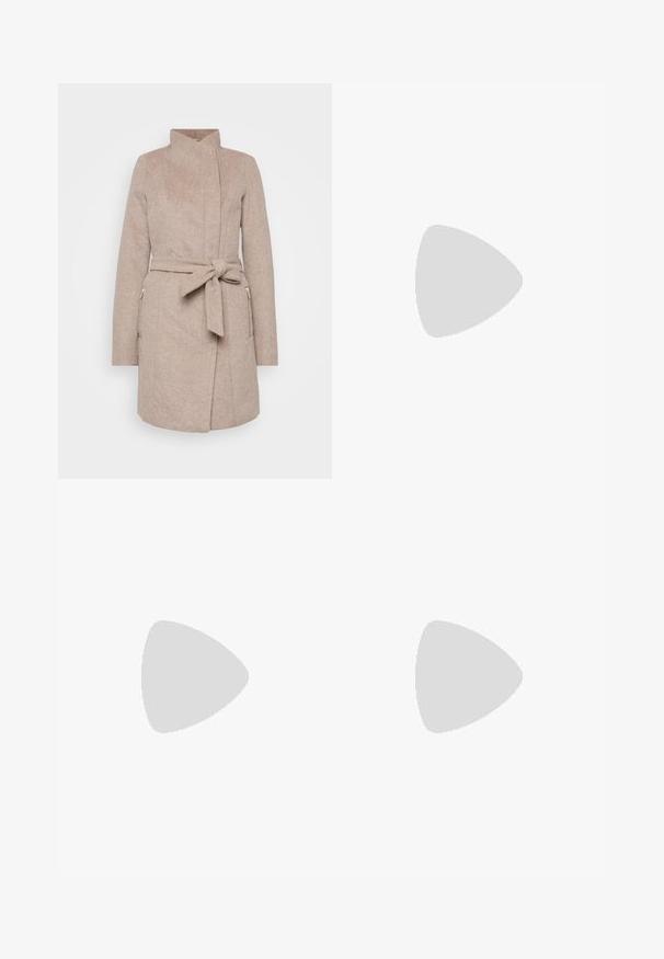 Beige wool coat with a high collar, tie belt, front pockets, and herringbone texture. Features a fitted design and button closure.; White short-sleeve t-shirt with a crew neck. Made of soft fabric, featuring a relaxed fit and subtle stitching details.; Dark grey trousers with a straight-leg design, featuring a smooth texture, belt loops, and a front opening with pockets.; Black suede platform sandals with a chunky white sole, wide front strap, and adjustable ankle buckle. Textured outsole for grip.