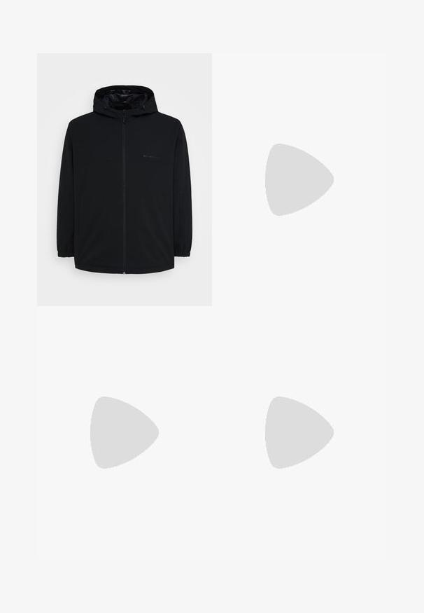 Black hooded jacket featuring a zip closure, elastic cuffs, and a matte finish. Lightweight, with a minimalistic design and no visible patterns.; Black short-sleeve T-shirt made of ribbed fabric, featuring a crew neckline and a simple, boxy silhouette.; Black denim pants featuring a straight-leg cut, five-pocket design, and a front button closure. Smooth texture with minimal stitching details.; Pier One UNISEX - Trainers - black