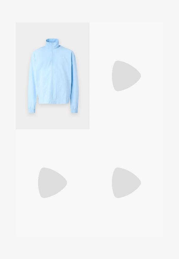 Light blue jacket with a high collar, full zip closure, and elastic cuffs. Features two front pockets and minimal branding on the chest.; White cotton t-shirt with short sleeves, crew neckline, and a relaxed fit. Smooth texture with no visible patterns or accents.; Green cotton pants with a relaxed fit, a high waist, and straight legs. Features a front button and zip closure, with side pockets.; White sneaker with perforated three-stripe design, textured accents, a rubber sole, and "CAMPUS" logo in gold on the side.