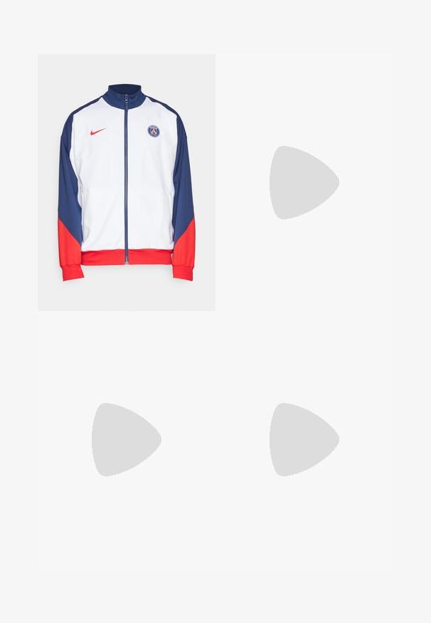 Giacca da track Nike Paris Saint-Germain in bianco, blu navy e rosso. Caratterizzata da un colletto alto, zip completa, logo e polsini elasticizzati.; T-shirt bianca a girocollo realizzata in cotone, con maniche corte e un piccolo logo ricamato sulla parte sinistra del petto. Texture morbida.; Pantaloni sportivi blu navy con vita elastica, gamba affusolata, realizzati in tessuto liscio, con logo Nike bianco sul lato sinistro.; Sneakers atletici bianchi con pelle sintetica liscia, accento del logo nero e dettagli perforati sul lato. Suola in gomma.