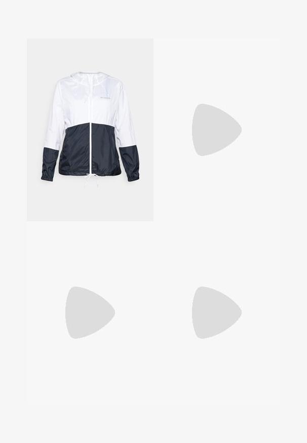 Leichte, kapuzenjacke in Weiß und Marineblau mit Reißverschluss vorne, Zugkordel am Saum und elastischen Bündchen; glatte, glänzende Stofftextur.; Dunkelgraues Langarmshirt mit einem Grafikdesign von roten Bäumen und Bergen; das "COLUMBIA"-Logo in fett weißer Schrift. Weicher Stoff, klassischer Rundhalsausschnitt.; Marineblaue Hose aus glattem Stoff mit einem vorderen Knopfverschluss, schlankem Schnitt und gefalteten Details an den Knien.; Columbia PEAKFREAK - Hikingschuh - black