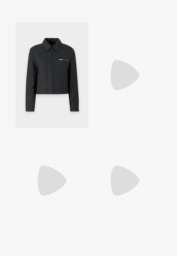 Cropped black jacket made of textured fabric, featuring a pointed collar, front zip closure, and a small zippered pocket on the left chest.; Black sleeveless top with draped fabric, side gathering, and elongated fringe detail, featuring a smooth texture and a fitted silhouette.; Black tailored trousers made of a smooth fabric, featuring a straight-leg design, and two side pockets. Elegant and minimalistic construction.; Black leather ballet flat with a rounded toe, smooth texture, minimal stitching detail, and a flexible sole design.