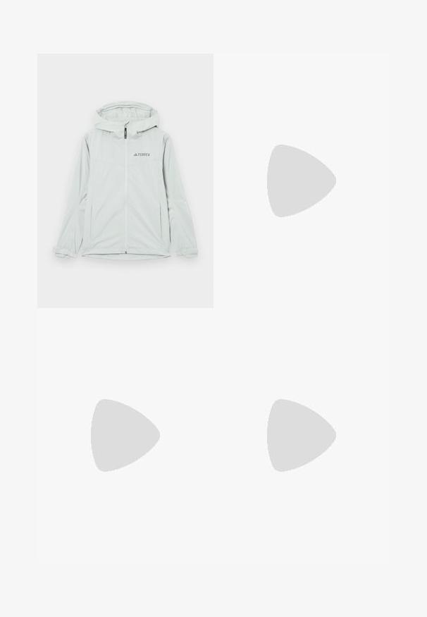 Casaco impermeável cinza claro com capuz, fecho de correr e logótipo Terrex, apresentando mangas compridas e punhos ajustáveis para um ajuste seguro.; The North Face FLEX 1/4 ZIP GRAPHIC - Camisola de manga comprida - black; Leggings atléticos castanhos com um cós alto, featuring bolsos laterais e um logótipo branco. Tecido suave e elástico para conforto e mobilidade.; Botas de caminhada cinzas e azul-turquesa com painéis em malha, parte superior texturizada e sola exterior em borracha robusta. Apresenta língua acolchoada e design com atacadores.