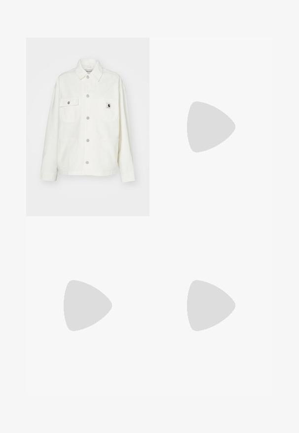 White cotton jacket featuring a button-up front, two chest pockets, and a square logo patch. Relaxed fit with long sleeves and visible stitching.; White cotton t-shirt with a relaxed fit, short sleeves, and a small embroidered logo on the left chest area.; Black trousers with a straight-leg design, made of a textured fabric. Features decorative silver hardware and unique seam detailing.; Beige sneakers with textured cream panels and brown stripes, paired with blue denim jeans. The jeans have a wide leg and frayed hem.