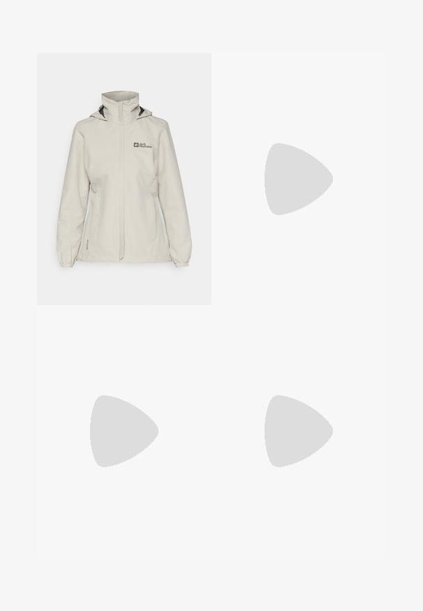 Jack Wolfskin STORMY POINT 2L JACKET - Veste Hardshell - seal; T-shirt de sport à manches courtes, blanc, avec un col rond, arborant un logo sur la poitrine et une texture de tissu lisse et léger.; Pantalons noirs ajustés en matériau flexible. Les caractéristiques comprennent une poche latérale zippée, des genoux articulés et une texture lisse.; Chaussures de randonnée noires avec une tige en tissu texturé, un système de laçage et une semelle en caoutchouc robuste. Agrémentées de détails réfléchissants et de logos.