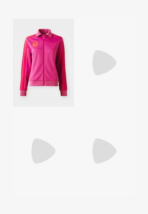 Pink zip-up jacket with a high collar, featuring orange stripes and logos. Made of smooth fabric with ribbed cuffs and hem.; Satin camisole in gradient shades of pink and orange, featuring floral and paisley patterns, with thin shoulder straps and a draped neckline.; Light beige denim shorts with a relaxed fit, belt loops, front pockets, and a drawstring feature at the waist. Smooth texture.; Pink heeled sandals with a glossy finish, featuring a thong strap design and a slim metallic heel. Smooth texture and minimalist style.; Sunglasses with a translucent yellow frame and green-tinted lenses. Angular design with wide temples, worn with a white shirt featuring green accents.; Woven straw handbag in tan with a brown synthetic leather trim, featuring two short handles and a long adjustable strap.