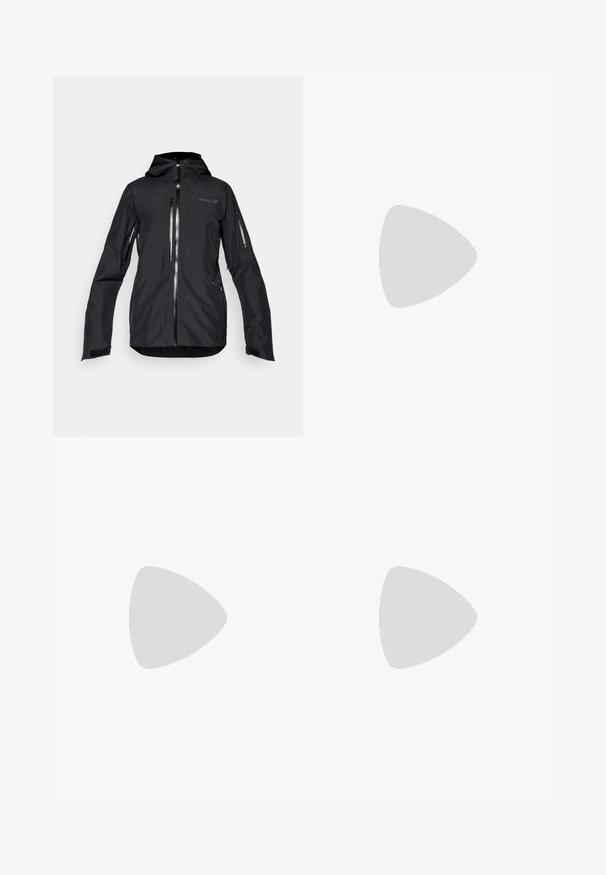 Zwarte waterdichte jas met capuchon, uitgerust met meerdere zipzakken, verstelbare manchetten en een nette, gestroomlijnde uitstraling.; Zwarte korte mouwen t-shirt van lichtgewicht stof, met een lichtgrijze "TERREX" logo over de borst en een ronde hals.; Zwarte cargobroek van lichtgewicht materiaal, met een elastische tailleband, zijzakken en een subtiele logo op de bovenbeen.; Lichte trailrunningschoen met een grijs en zwart mesh bovenwerk, oranje accenten en een robuuste buitenzool voor grip. Waterdichte Gore-Tex voering.
