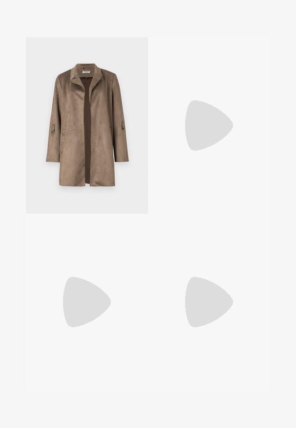 Brown suede-like jacket with a notched collar, straight cut, and long sleeves. Features front pockets and a contrasting inner lining.; Dark gray oversized t-shirt made of cotton, featuring a central sun graphic with intricate line details printed on the front.; Wide-leg jeans in black denim with a zippered front, five-pocket design, and subtle stitching details. Smooth texture and casual style.; Gold metallic heeled sandals featuring a strappy design, square block heel, and adjustable ankle strap with a buckle. Smooth texture.; Black leather handbag with a curved shape, detachable strap, and gold hardware. The bag features a flap with a buckle detail.