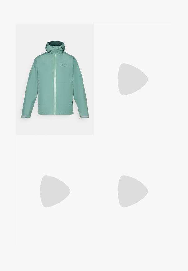 Hellgrüne wasserdichte Jacke mit Kapuze, durchgehendem Reißverschluss, elastischen Bündchen und reflektierenden Akzenten. Mit dem Berghaus-Logo versehen.; Schwarzes T-Shirt mit kurzen Ärmeln aus leichtem Stoff. Mit einem kleinen weißen Logo auf der linken Brust und dezenten Akzenten an den Schultern.; Schwarze Sporthosen aus leichtem Stoff, mit einem Kordelzugbund, seitlichen Taschen und schmal zulaufenden Bündchen an den Knöcheln.; Schwarzer Trailrunning-Schuh mit strukturiertem Obermaterial, Gummisohle und verstärkter Zehenkappe. Verfügt über einen gepolsterten Kragen und eine Ziehlasche für einfaches Anziehen.