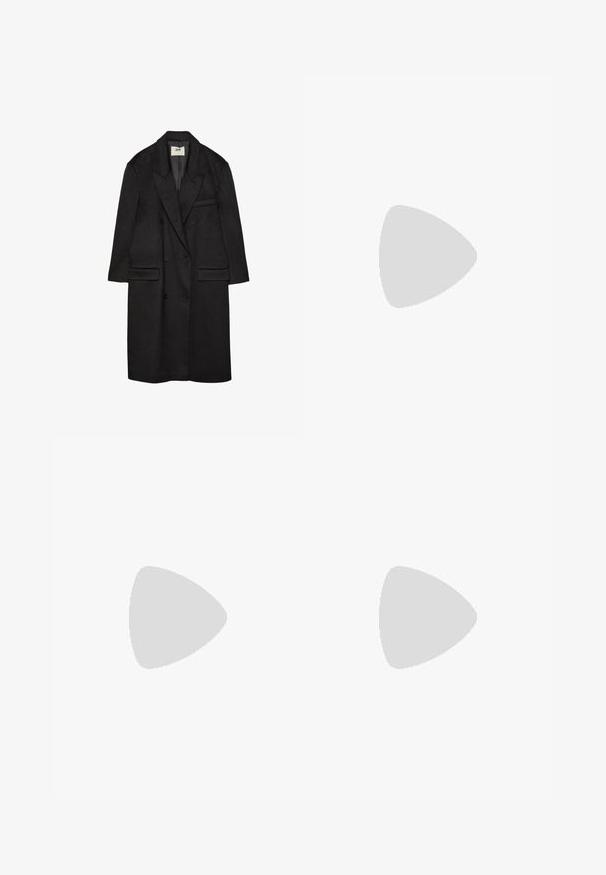 Manteau en laine noir à double boutonnage avec un col cranté, des poches avant et une texture douce. Dispose d'une poche poitrine.; Robe à manches longues et col roulé en gris moyen, fabriquée en tissu tricoté doux. Elle tombe jusqu'aux chevilles avec une silhouette droite et sans matériel visible.; adidas Originals HANDBALL SPEZIAL - Baskets basses - alumina/core black/white; Lunettes de soleil en métal doré avec des verres vert foncé, de style aviateur, dotées de branches fines et d'accents en écaille de tortue sur les embouts.