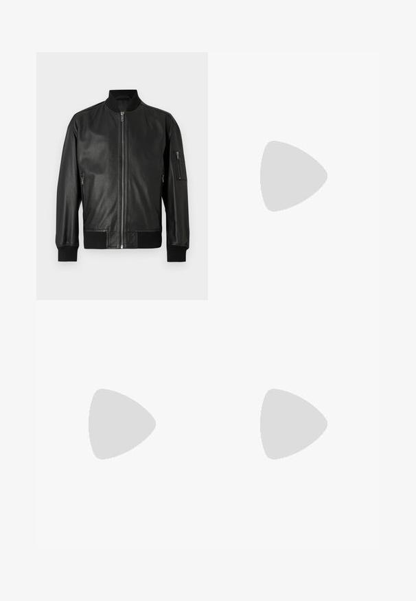 Black leather bomber jacket with front zipper, ribbed collar, cuffs, hem, and zippered pocket on the left sleeve.; Black short-sleeve T-shirt made from a smooth cotton blend, featuring a crew neckline and a minimalistic design with no patterns or accents.; Black jogger pants made of smooth fabric. Feature an elastic waistband with a drawstring, tapered legs, and no visible pockets. Simple design.; Black low-top leather sneaker with black laces and off-white sole shown in side profile on white background.