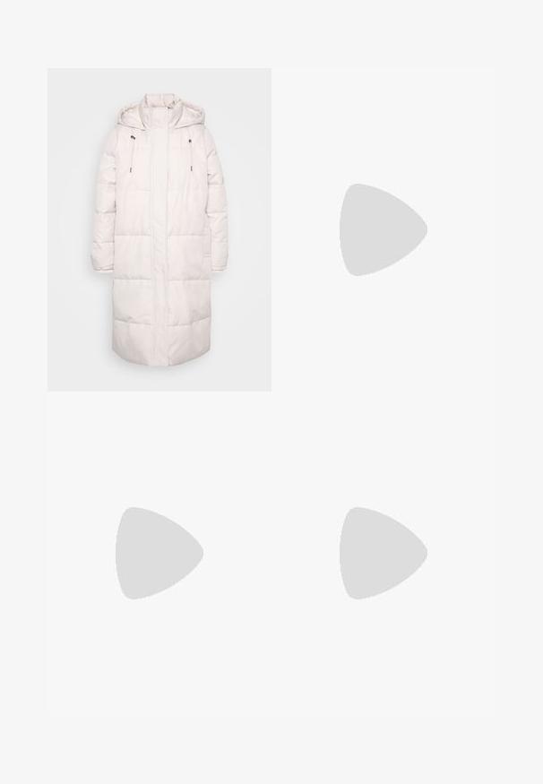 Long light pink quilted winter coat with hood, high collar, drawstrings, and front zipper closure.; Even&Odd Petite 2 PACK - Top - light grey/black; Even&Odd Petite Trousers - beige; Black canvas sneakers with white laces and stitching. Features a chunky, textured white sole with a unique segmented design.