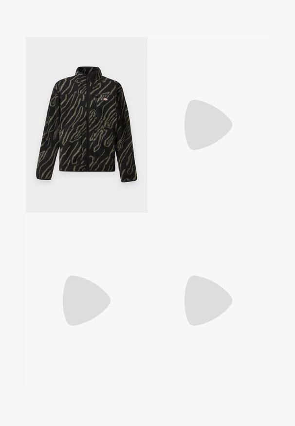 Black fleece jacket with green abstract pattern, full zip, high collar, and front zippered pocket. Soft texture and regular fit design.; Nike black cotton t-shirt with a classic crew neck, short sleeves, and a subtle, embossed logo on the chest. Smooth texture.; Black sweatpants made of soft fabric with an elastic waistband, drawstring, and a small Nike logo on the left thigh.; Black Nike Air Force 1 sneaker with a smooth leather upper, perforated toe for breathability, black laces, and a textured rubber sole.