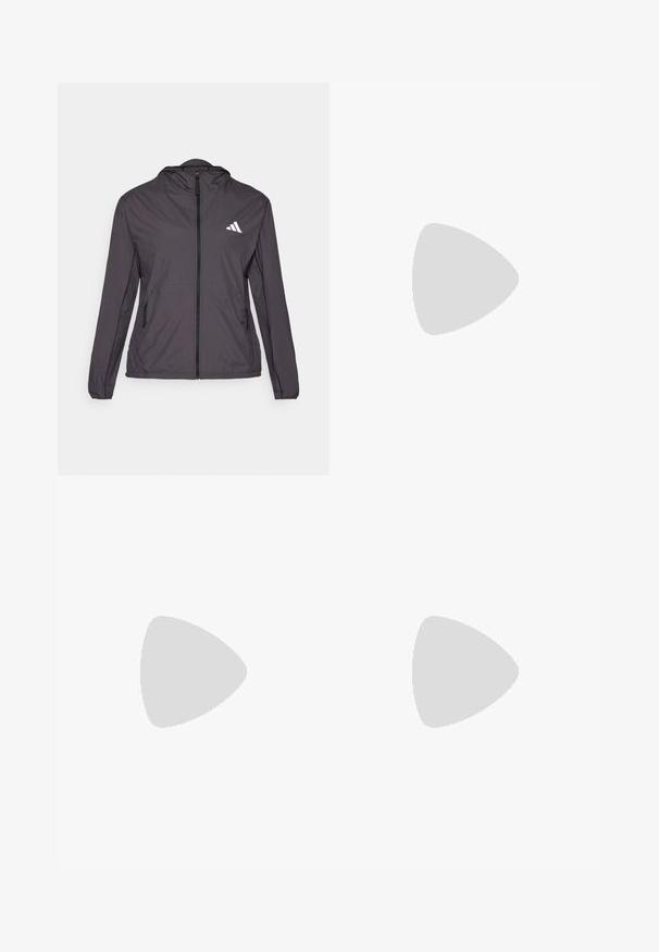 Lagani, tamnosivi zip-up kaput s kapuljačom, s bijelim logotipom na lijevoj strani prsnog koša i dva bočna džepa. Glatka tekstura.; Majica kratkih rukava za sport, tamno siva s perforiranim uzorkom. Ima bijeli logo i kontrastne bočne pruge. Zaobljeni izrez.; Crne tajice od rastezljivog materijala s visokim strukom i tri bijele dijagonalne pruge na lijevom bedru. Glatka tekstura.; Crne trkačke tenisice s mrežastim gornjim dijelom, tri srebrne pruge, bijeli srednji sloj i teksturirani potplat. Sadrži podstavljeni ovratnik i zatvaranje s vezicama.