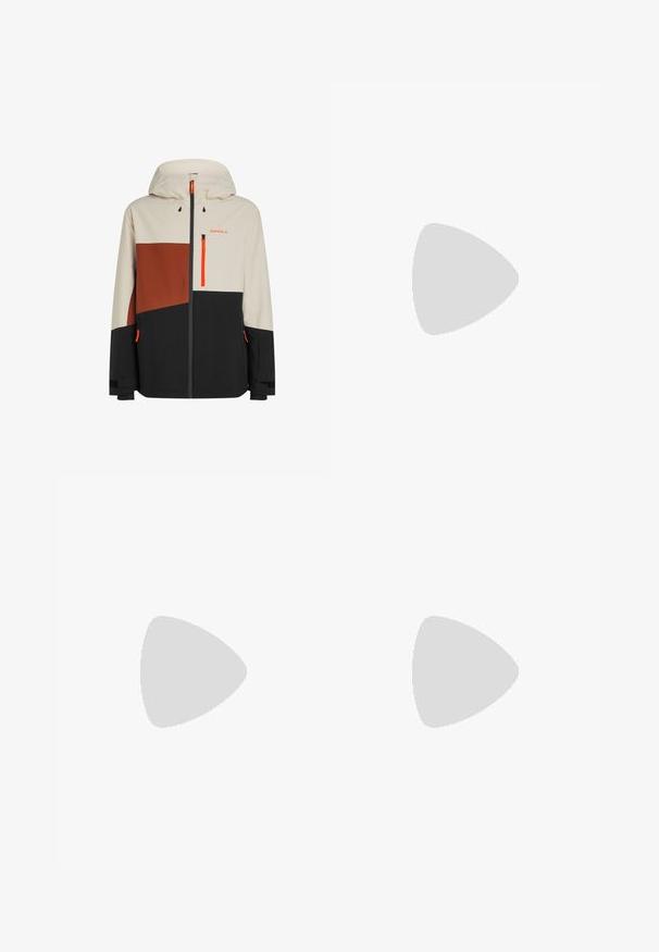 Men's waterproof jacket featuring a hood, beige, brown, and black color blocks, with orange accents and zippered pockets.; Three white ribbed tank tops made of cotton. Features a crew neck and small black labels near the hem. Available in multiple sizes.; Black lightweight nylon cargo pants with elastic waistband, adjustable drawstring, and multiple layered pockets on legs.; White athletic shoes with textured overlays, a chunky sole, and gray accents. Worn with white crew socks and green shorts on a blue surface.