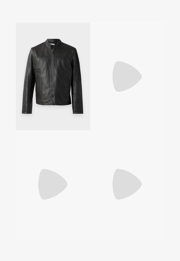 Veste en cuir noir avec col montant, fermeture éclair à l'avant et deux poches zippées sur les côtés. Texture lisse et design minimaliste.; T-shirt en coton noir avec un imprimé diagonal du logo "calvin klein" rose sur le devant. Manches courtes et encolure arrondie.; Pantalon beige en tissu lisse, avec une coupe droite, un pli simple et des ourlets retroussés. Comprend une fermeture à bouton à l'avant.; Chaussure noire en cuir à enfiler avec un bout arrondi, des détails cousus et une semelle en caoutchouc noire. Texture lisse avec un design minimaliste.