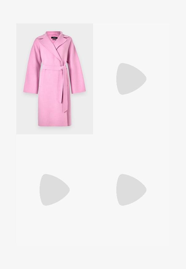 Palton din amestec de lână roz, cu mâneci lungi, guler cu decupaj, talie legată și două buzunare frontale. Textură netedă și design de lungime până la genunchi.; Tricou alb cu mânecă scurtă, confectionat dintr-un material texturat. Gât rotund, tăietură regulară și detalii subtile de cusătură. Fără modele sau grafice.; Fustă midi tricotată albă, cu un model texturat ce include linii verticale și detalii decupate aproape de tiv. Talie elastică. Material moale.; Balerini din piele neagră, cu vârf rotund, textură netedă, detalii de cusătură minimale și un design al tălpii flexibil.