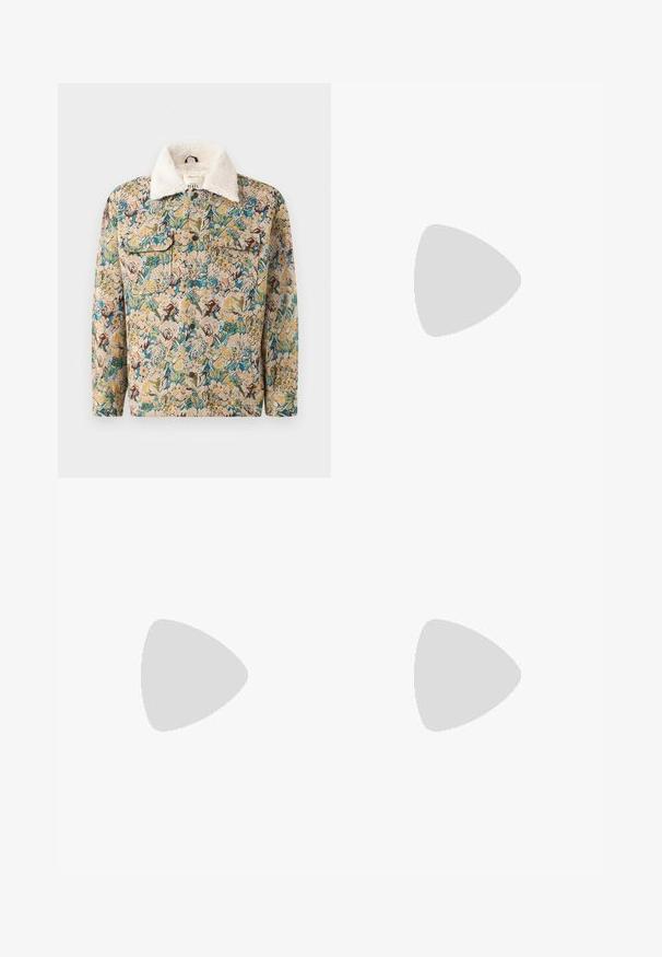 Floral-patterned jacket in cream, blue, and green. Features a white faux fur collar and two chest pockets with button closures.; Three white ribbed tank tops made of cotton. Features a crew neck and small black labels near the hem. Available in multiple sizes.; Black and white short-sleeve shirt with logo pattern, khaki shorts, and black high-top sneakers. Beige bucket hat and cords visible.; Brown leather moccasin with tassel accents, textured surface, and contrasting yellow stitching along the black rubber sole. Side view.; Metal bracelet with interlocking rectangular links; polished silver finish; features a secure clasp for closure.