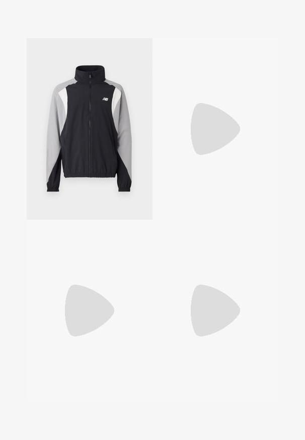 Black and gray windbreaker jacket with high collar, full zip, elastic cuffs, and angular color-block design featuring white accents.; Black cotton t-shirt with a round neckline. Features a small red and white "New Balance" logo and text on the upper left chest area.; Black athletic pants with elastic waistband, side pockets, and contrasting gray and white curved accents along the legs.; Beige and cream athletic shoe with textured mesh upper, supportive overlays, and rubber outsole featuring a tread pattern for traction.