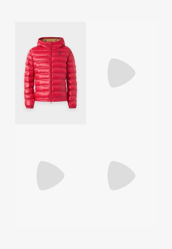 Red puffer jacket with horizontal quilting, front zipper, hood, elastic cuffs, and a small black and yellow logo patch on the chest.; Long-sleeved white cotton shirt with a round neckline, side slits at the bottom, and a smooth texture, displayed from the back.; Light blue denim jeans with a straight-leg design, five pockets, button closure, minimal fading, and contrasting stitching details.; White sneaker with a smooth leather upper and a low profile. Features a rounded toe, six eyelets, and a textured rubber sole.