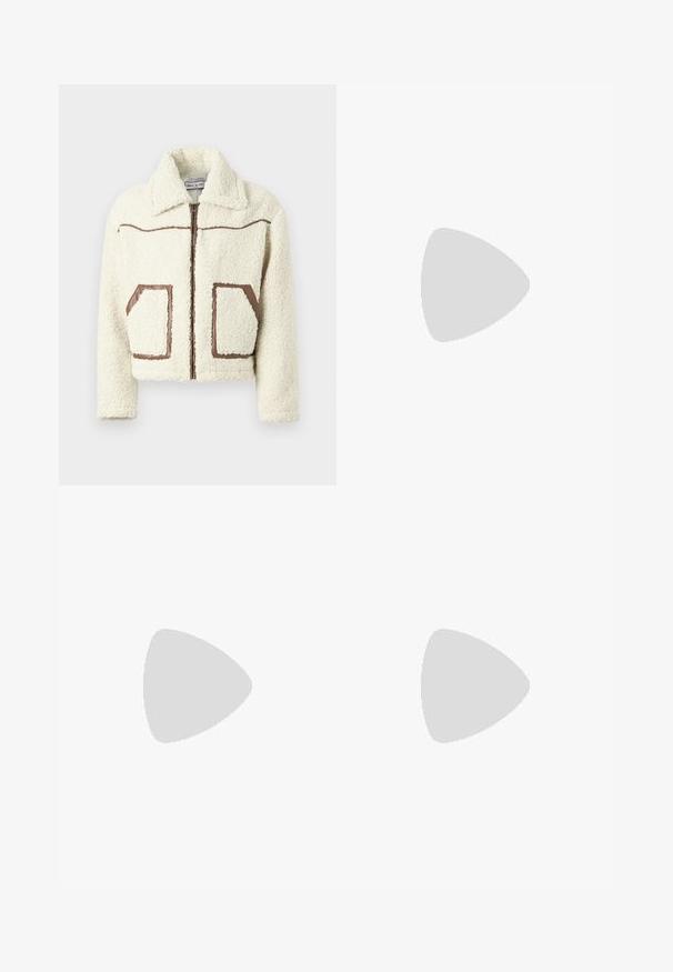 Cream-colored fleece jacket with a zip front, brown faux leather accents, and two patch pockets. Features a collared neckline.; White long-sleeve thermal top with a ribbed texture, crew neck, and banded cuffs. Clean design with no patterns or additional accents.; STUDIO ID TOM TROUSERS LEATHER FRONT 2 BACK ZIP TROUSERS - Leather trousers - nappa black; Stuart Weitzman CLUB CLASSIC PENNY LOAFER - Smart slip-ons - black
