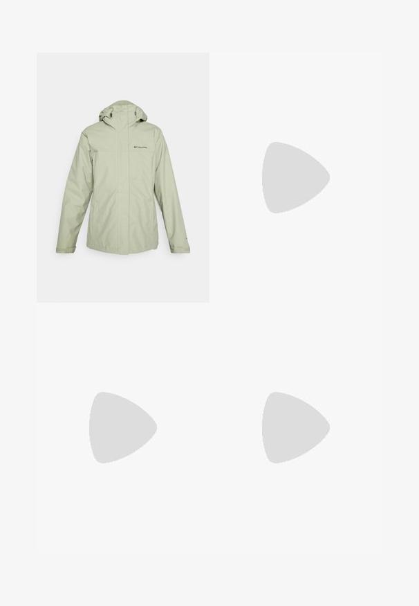 Columbia HIKEBOUND™ II INTERCHANGE JACKET - Blouson - safari; T-shirt gris à manches courtes en tissu doux. Il possède un col rond et un petit logo imprimé sur la poitrine.; Pantalons de neige blancs au design épuré, avec deux poches avant, des panneaux inférieurs noirs renforcés et une fermeture à bouton à la taille.; Columbia PEAKFREAK - Chaussures de marche - black