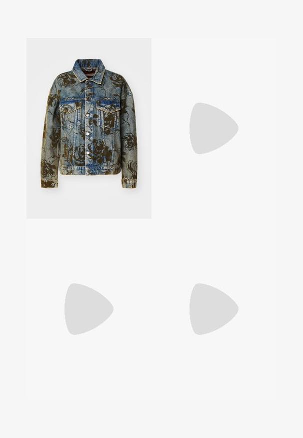 Jeansjakke med blomstertrykk i mørke farger, foran med trykknapper, spiss krage og to brystlommer med sømdetaljer.; Tre tank topper i mintgrønn, svart og beige; laget av ribbestrikket stoff med rund hals og uten ermer. Merket synlig.; Beige cargo bukser med høj talje, brede ben og fire store sidelommer. Fremstillet af slidstærkt stof med en glat tekstur og minimal detalje.; Lys grå semsket lær sneakers med hvite lærdetaljer, tre hvite striper og en brun gummisåle, med en polstret krage for ekstra komfort.