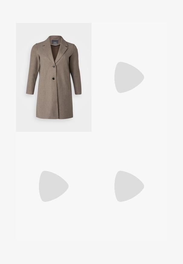 Brown wool coat with a notched collar, single-button closure, and side pockets. features a smooth texture and tailored fit.; Three long-sleeve tops stacked: black, grey, and white. Each has a round neckline and a cropped design with smooth, lightweight fabric.; Black flared pants made from stretchy fabric, featuring a high waistband and flared cuffs with side slits for additional movement.; Gray suede sneakers with white laces, black stripes, and a white rubber sole. Features a circular logo on the tongue and a gum sole.