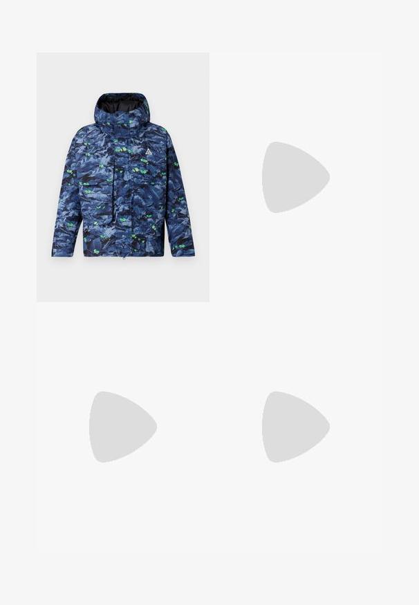 Blue and green patterned puffer jacket with a hood, featuring a front pocket, zipper closure, and textured fabric resembling leaves.; White cotton t-shirt featuring a central black and gray logo graphic. Classic crew neckline and short sleeves with a relaxed fit.; Black, elasticated-waist sweatpants with a loose fit, cuffed ankles, smooth texture, and no visible patterns or hardware accents.; Beige and cream athletic shoe with textured mesh upper, supportive overlays, and rubber outsole featuring a tread pattern for traction.