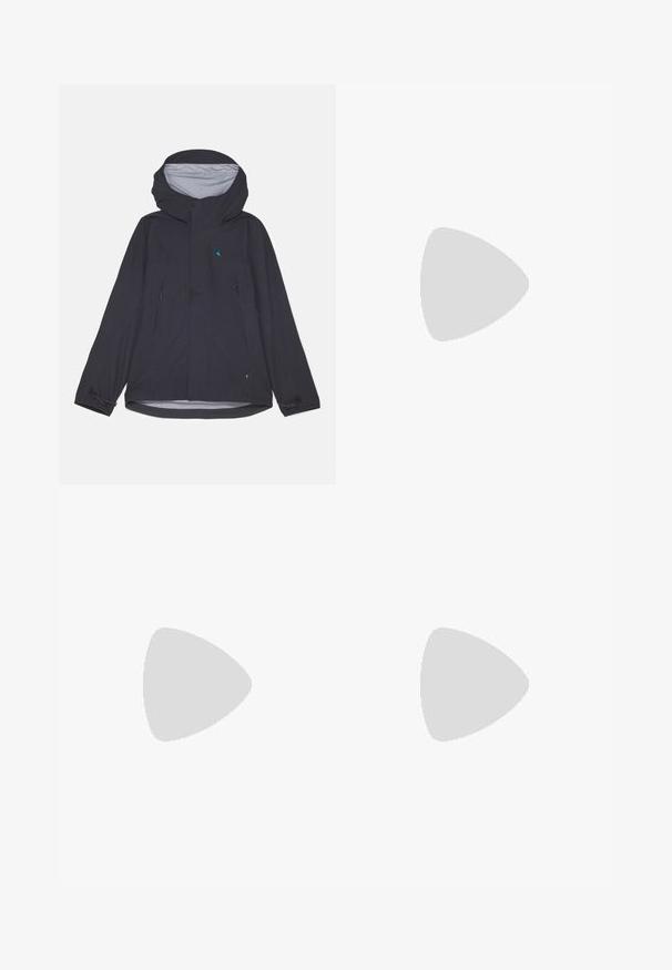 Black waterproof jacket with a hood, zippered front, two side pockets, and adjustable cuffs. Features a light gray inner lining and logo accent.; Black long-sleeve jersey top with a crew neck, relaxed fit, straight hem, and minimal stitching details. Soft texture and lightweight material.; Black cargo pants with a straight leg design, made from durable fabric, featuring side pockets and a patch logo on the left side.; Black Adidas Superstar sneaker with white stripes, shell toe, and "Superstar" text on side, shown in side profile on white background.
