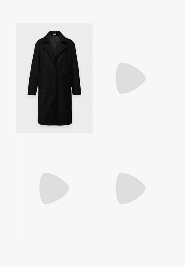 Cappotto lungo nero in misto lana con finitura testurizzata, colletto a punta, apertura davanti e due tasche laterali; maniche di lunghezza media.; ONLY ONLSARA GLITTER - Cardigan - pumice stone/black/gold glitter; Top senza maniche bianco realizzato in tessuto a coste, caratterizzato da un collo arrotondato e una silhouette aderente, con cuciture minime e senza decorazioni.; Gonna midi in denim nero con taglio dritto, chiusura anteriore con bottoni e tasche laterali. Presenta una texture liscia e una leggera scoloritura.; Stivali da cowboy in pelle marrone con punta affusolata e tacco a blocco, caratterizzati da dettagliati ricami e accenti rialzati sul gambale.; Borsa a mano in pelle nera con patta e dettaglio in metallo dorato. Include una tracolla nera e un design elegante e minimalista.