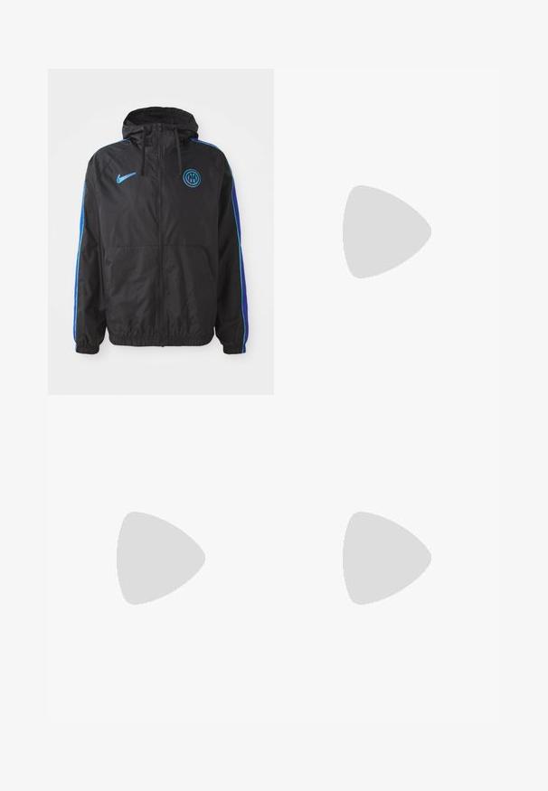 Sort færdig-zip hoodie-jakke med blåt Nike-logo og rundt blåt emblem, blå og turkise striber på ærmerne, elastiske manchetter og frontlommer.; Sort kortærmet Nike t-shirt lavet af glat stof, med et hvidt swoosh-logo på øverste venstre side, rund halsudskæring.; Sorte træningsbukser lavet af letvægtsstof med elastisk talje, ankelsyninger og et diskret Nike-logo på venstre side.; Sort atletisk sko med en åndbar mesh-overdel, teksturerede detaljer og en bølget gummisål. Har reflekterende logo og snørresystem.