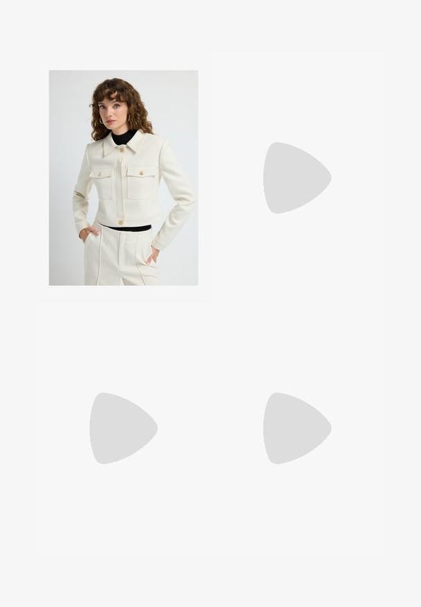 Cropped cream jacket with two front pockets, gold buttons, and a classic collar. Paired with high-waisted tailored pants. Smooth texture.; Light beige short-sleeve t-shirt with a round neckline, made of soft, smooth fabric. Features a relaxed fit and straight hemline.; White wide-leg trousers made from a lightweight fabric. Features an elastic waistband with a drawstring and side pockets. Smooth texture.; Stradivarius Trainers - white