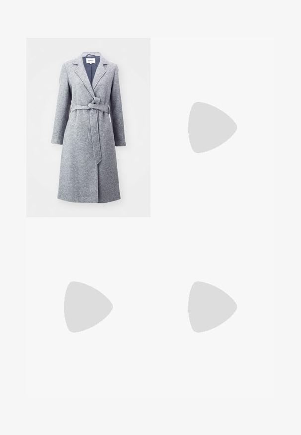 ONLY ONLNICOLE LIGHT WRAP  - Classic coat - light grey; Black short-sleeve t-shirt made of cotton. Features a round neck, relaxed fit, and clean hem with no visible patterns or hardware.; Black wide-leg trousers with a ruffled waistband, featuring two side pockets and a smooth, lightweight fabric. No visible patterns or hardware.; Tall black leather boot with chunky platform sole and block heel, featuring pull tab and textured tread on outsole.