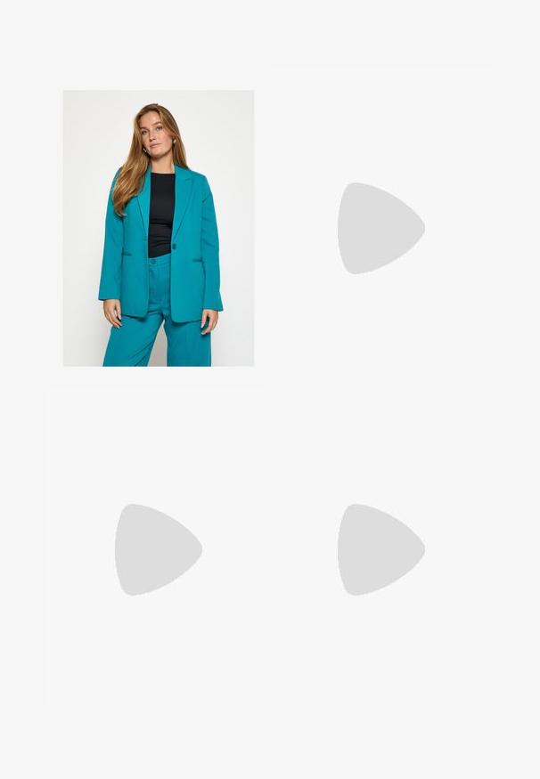Teal tailored blazer with long sleeves and notch lapels, paired with matching trousers. Smooth fabric, slim fit, and minimalistic design.; Light blue long-sleeve blouse made of smooth fabric. Features a high collar and a draped scarf accent on the front. Buttoned cuffs.; Straight-leg dark brown suede pants with front button and zip closure, belt loops, and side pockets.; Black heeled sandals featuring a sleek design, thin straps, and a unique triangular heel. Smooth texture with a minimalistic look.; Round, brown-tinted sunglasses with a glossy burgundy frame. Slim arms with subtle branding detail. Flat lens design.; Woven burgundy handbag with a rounded shape and a single handle, featuring a textured surface and an elastic drawstring closure.