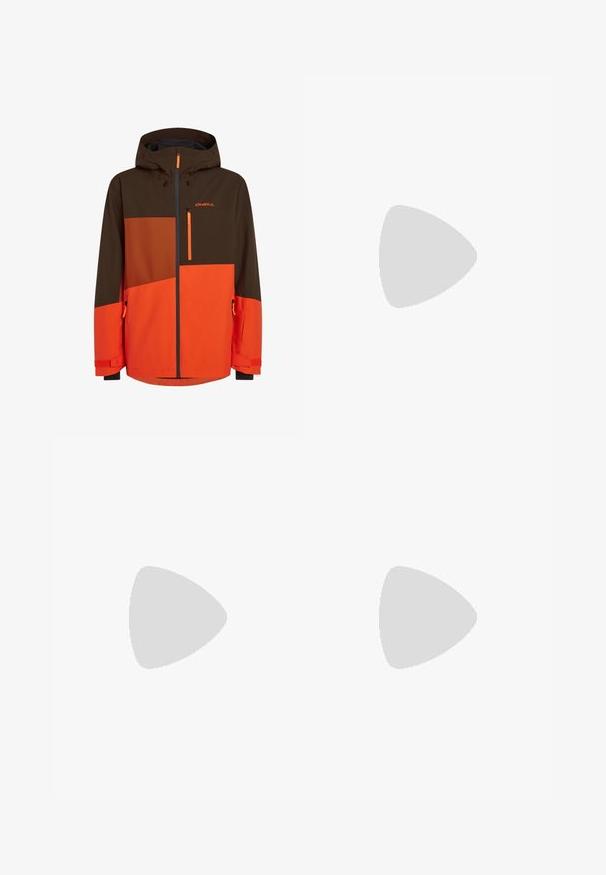 Ski jacket with a hood featuring brown and orange color blocking, zippered pockets, and adjustable cuffs. Made from durable, weather-resistant material.; Three white ribbed tank tops made of cotton. Features a crew neck and small black labels near the hem. Available in multiple sizes.; Gray Nike sweatpants with a drawstring waistband, tapered legs, side pockets, and distinct seam detailing. Soft, textured fabric.; Gray athletic shoe featuring a mesh and suede upper, white accents, a cushioned sole, and a distinctive design with reflective elements.