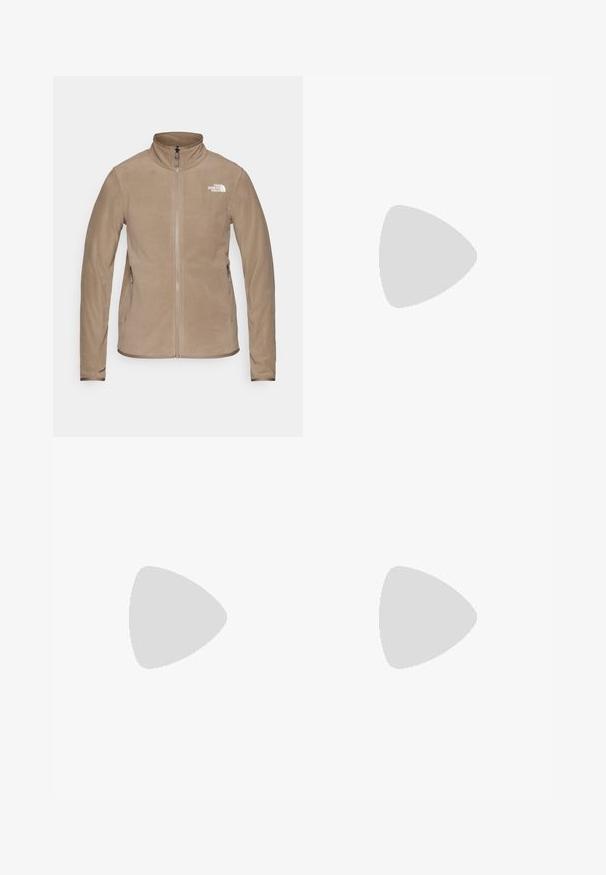 Beige mikina s plným zipem vyrobená z fleecu, se stojáčkovým límcem, dvěma bočními kapsami na zip a bílým logem "The North Face" na levé hrudi.; Černé tričko s dlouhým rukávem vyrobené z bavlny s kulatým výstřihem. Na levé části hrudi se nachází malé bílé logo. Jednoduchý design a střih.; Černé nylonové cargo kalhoty na zip s nastavitelnými manžetami, několika kapsami a logem na pravé noze. Hladká, lehká textura.; Béžová a krémová sportovní obuv s texturovaným síťovaným svrškem, podpůrnými překryvy a gumovou podrážkou s dezénem pro lepší přilnavost.