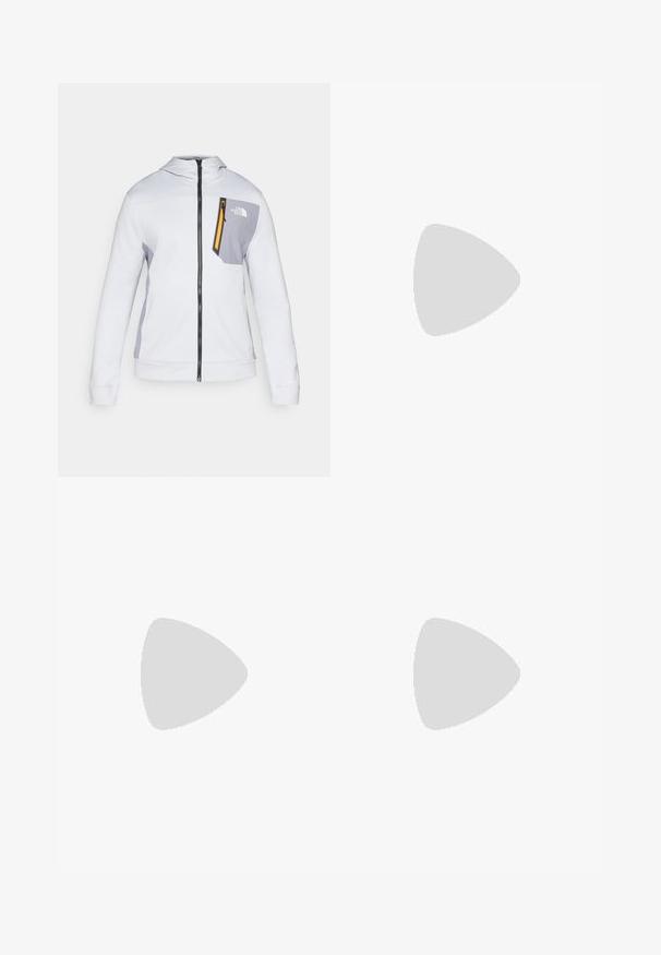 Sudadera blanca con capucha y detalles grises, con cremallera frontal y bolsillo en el pecho izquierdo que presenta un tirador de cremallera amarillo. Textura de tela suave.; Camiseta atlética corta negra de manga corta con una tela texturizada, que presenta un logo blanco en el lado izquierdo del pecho y un dobladillo recto.; The North Face HORIZON PANT - Pantalones montañeros largos - black; Zapatilla de trail running negra con upper texturizado, suela de goma y puntera reforzada. Presenta un collar acolchado y una lengüeta para poner y quitar fácilmente.