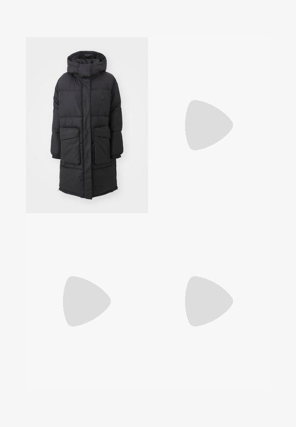 Black puffer coat with a hood, featuring a zip closure, two front pockets, and elastic cuffs. Smooth texture with quilted sections.; Light pink cotton t-shirt with short sleeves, round neckline, and a contrasting CK logo in gold on the chest. Smooth texture.; Light blue denim jeans with a high waist, straight leg design, five-pocket styling, and slightly faded texture. Rivet and button closure.; Metallic silver slingback heel with pointed toe, featuring three wide straps and square metallic buckles. Glossy texture and slim heel.
