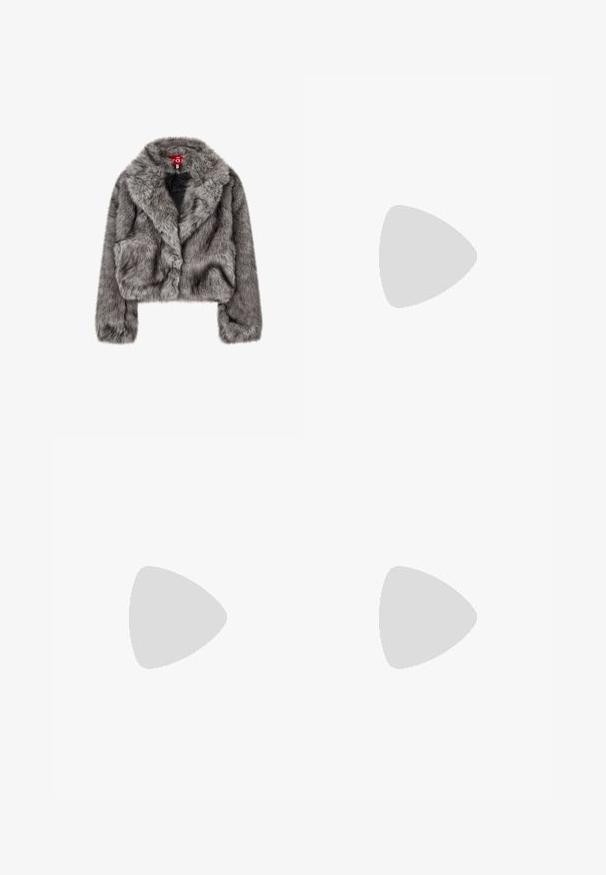 Gray faux fur cropped jacket with a wide collar, long sleeves, and two front pockets. Soft texture with a slight sheen.; White t-shirt with black text promoting a music event, featuring "Exclusive Access," "Rock Indie Concerts," and "Superstar Music Experience."; Black wide-leg denim pants with a high waist, featuring front and back pockets, stitched seams, and a button closure. Smooth texture.; Bershka High heeled sandals - black