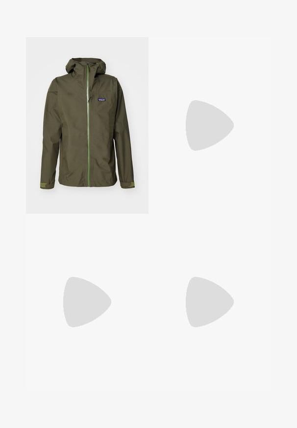 Olivno zeleni vodoodporni plašč z zadrgo spredaj, nastavljivo kapuco in elastičnimi manšetami. Ima logotip na levem prsnem delu in kontrastne zeleni detajle.; Svetlo siva majica dugih rukava od mekog, teksturiranog materijala. Ima okrugli izrez i mali plavi Patagonia logo na grudima.; Lahki, sivi atletski hlače z črnimi dodatki. Elastika v pasu, zategovalna vrvica, oblikovana noga in stranske žepe.; Črne trail tekaške copate z teksturirano mrežasto zgornjico, odsevni poudarki, oblazinjen podplat in elastičen sistem vezalk. Logo ob strani.